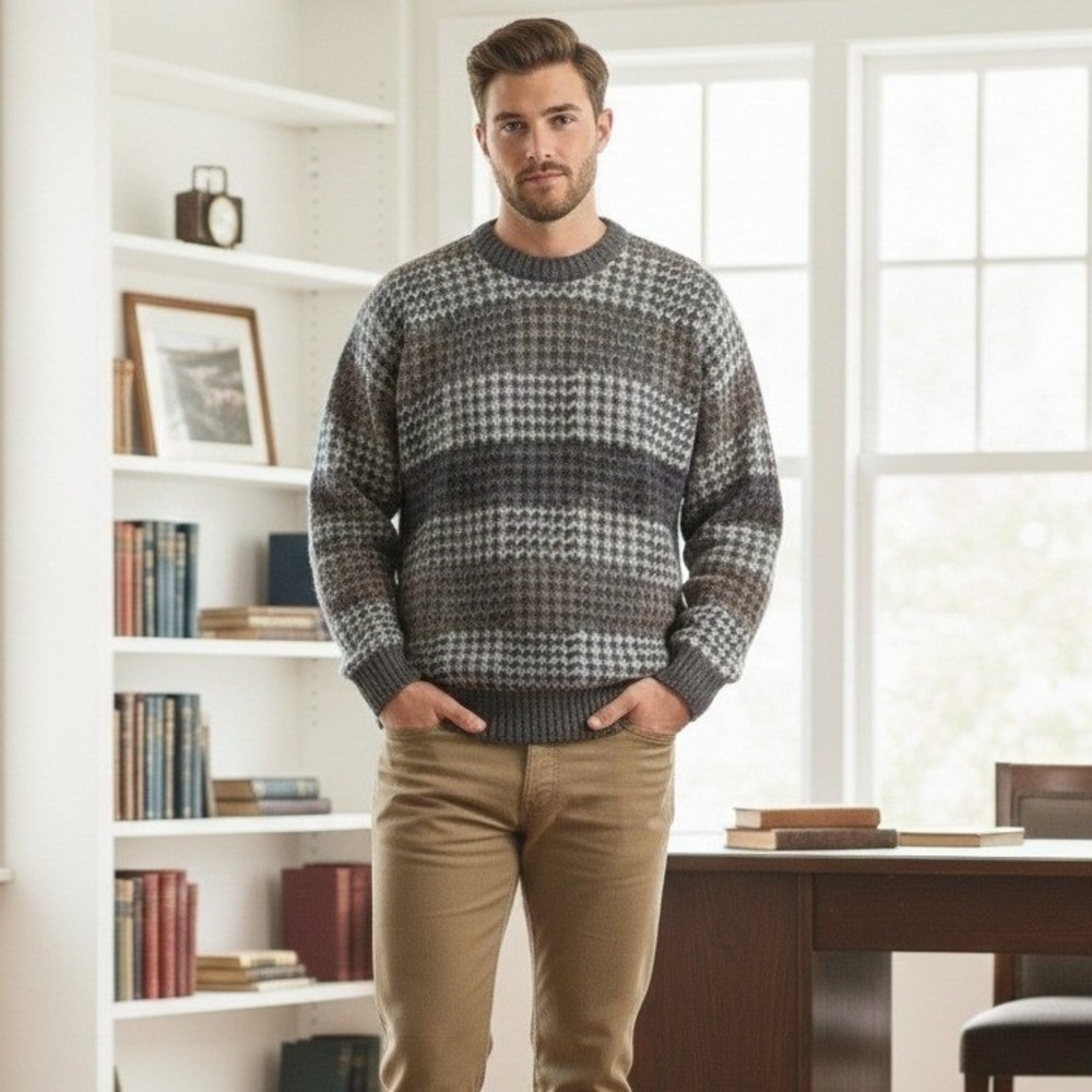 VTG New Era Knit Sweater Mens M USA Made Geometric Crewneck Grandpa‎ Core Retro